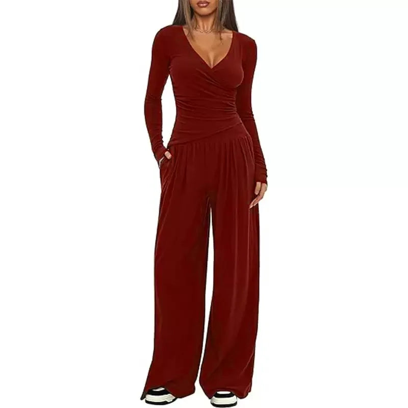 2025 autumn and winter wide leg pants set, women's long sleeved multi occasion sportswear, commuting hot selling item