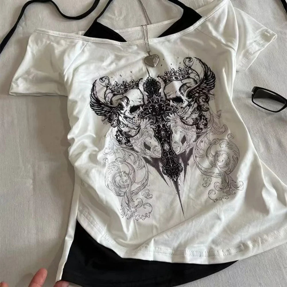 Y2k Slim Fit Print Tops Women Off Shoulder Short Sleeve Tee Shirt Neploe American Vintage Fake Two Piece Halter Lace Up T-shirts