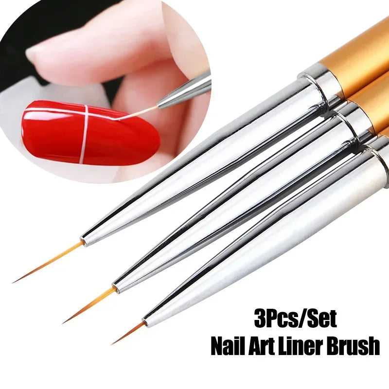 Fine Tip Nail Art Liner Brush 3Pcs Acrylic 3D Line Striping Pen UV Gel Drawing Brush Set for French Manicure DIY Painting