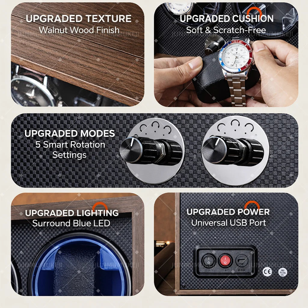 Watch Winders for Automatic Watches witn Light 1slots/2slots/4slots/6slots Watches Rotate Stand 5V-9V,1A-2A USB Cable Connection