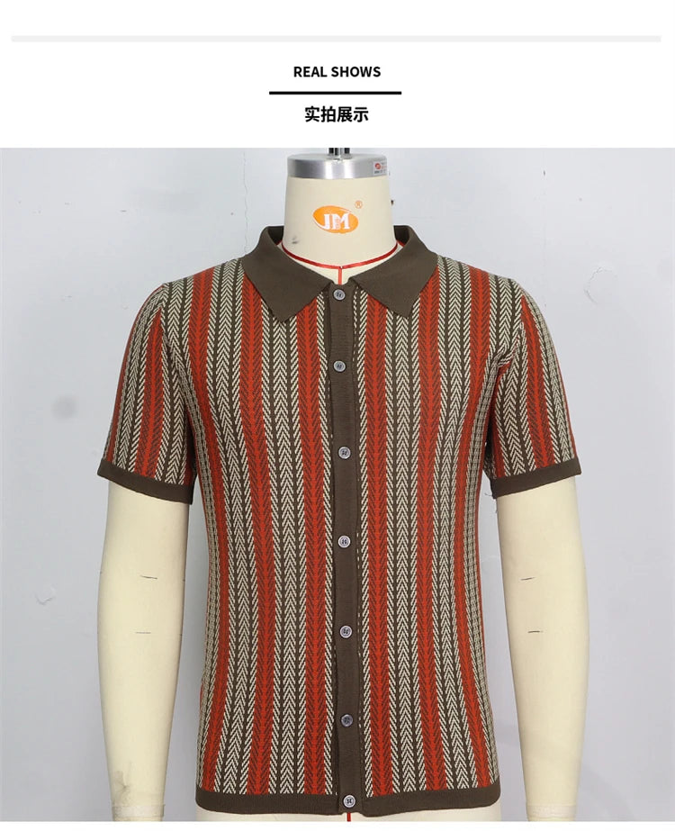 High End Jacquard Striped Polo Shirts For Men Short Sleeve Elastic Summer Quality Viscose Knitted Smart Casual Camisas De Hombre