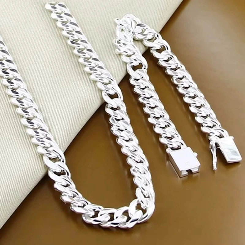 Hot Classic 10MM Square Chain 925 Sterling Silver Bracelet Necklace Jewelry Set For Men 20/22/24 Inch Fashion Party Holiday Gift