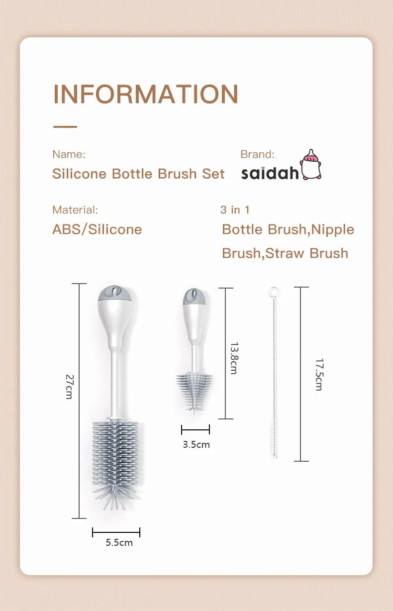360° Silicone Baby Bottle Cleaning Brush Set 3-in-1 – Bottle, Pacifier & Straw Cleaner