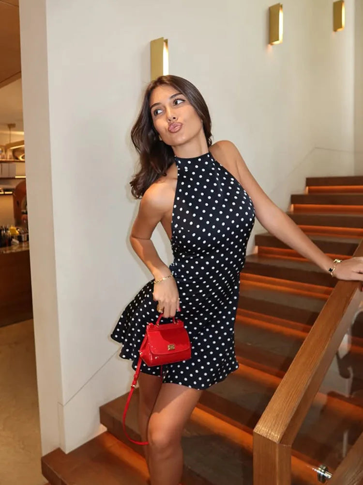 Halter Dot Printed Dresses For Women Fashion Sexy Streetwear Backless Sleeveless O-Neck Sheath Mini Vestidos Robes Female Slim