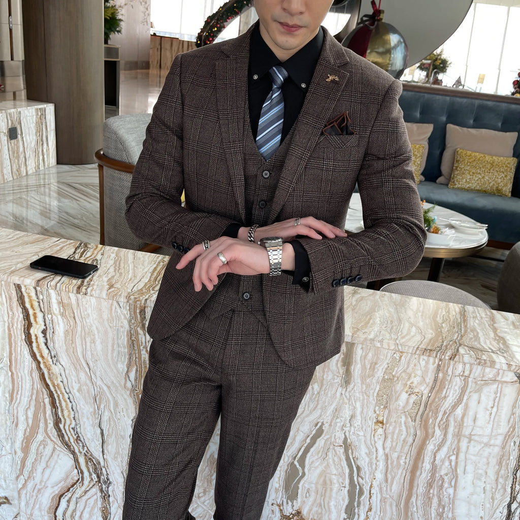 British Korean Style High Quality Modified Plaid Three-Piece Suit for Men - Stylish Business Casual Suit Vest And Trousers Set