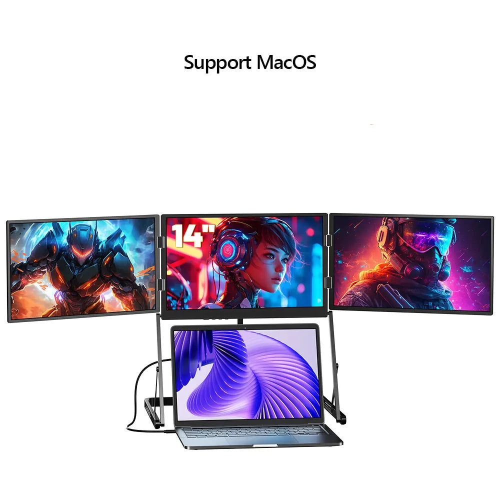 Sibolan 14" Three Screen Foldable External Display 60Hz 1200P 100%sRGB Portable Monitor For Laptop, Windows & MacOS