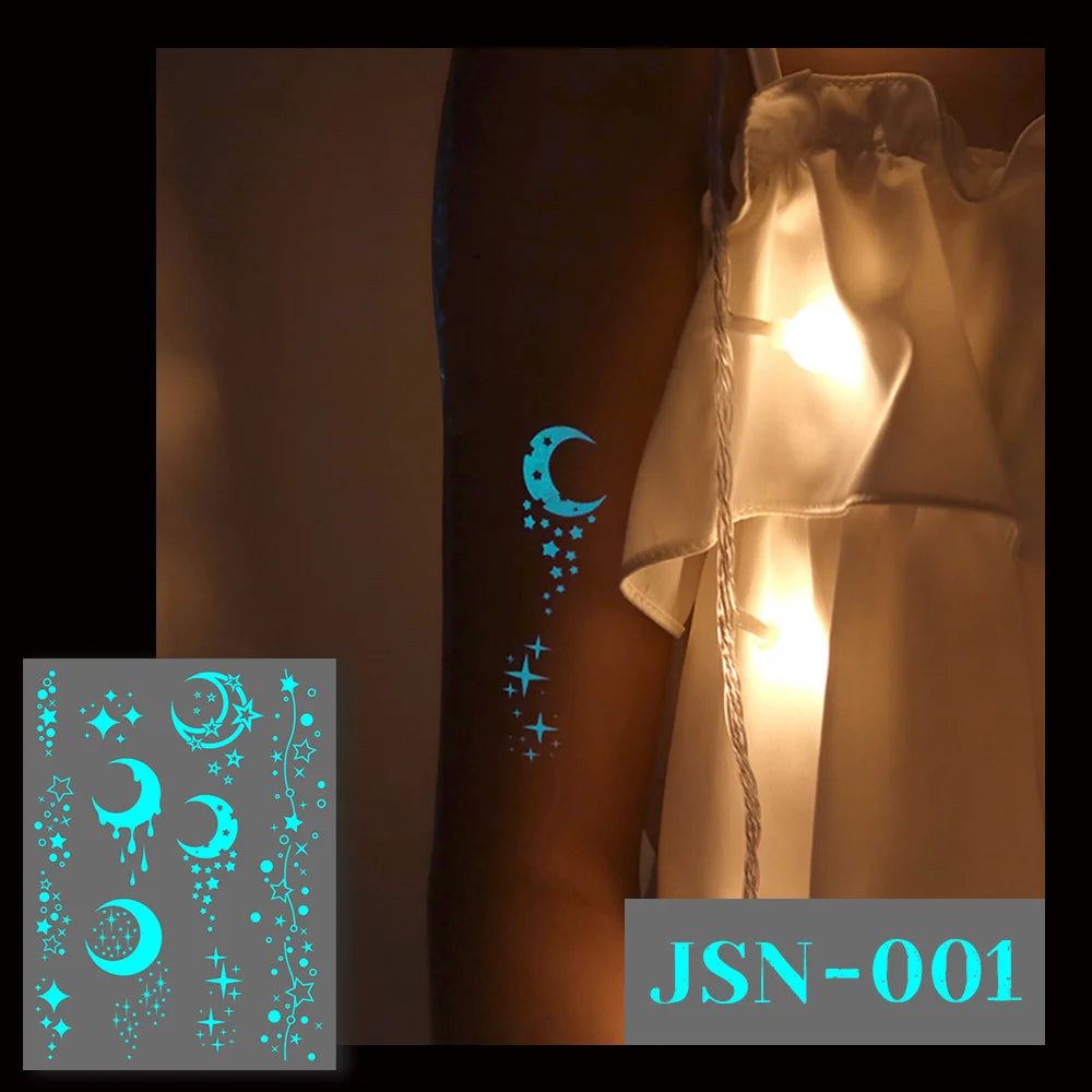 5pcs Blue Luminous Glow Waterproof Temporary Tattoo Sticker Moon Star Heart  Line Flash Tato Women Men Arm Body Art Fake Tattoos
