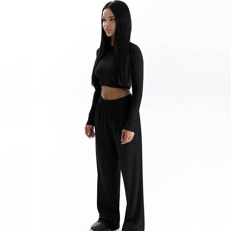 Spring New Women's T-shirt Loose Pants 2 Piece Long Sleeves O-Neck Tees Casual Slim Fashion Trouser Solid Basic Female Clothing