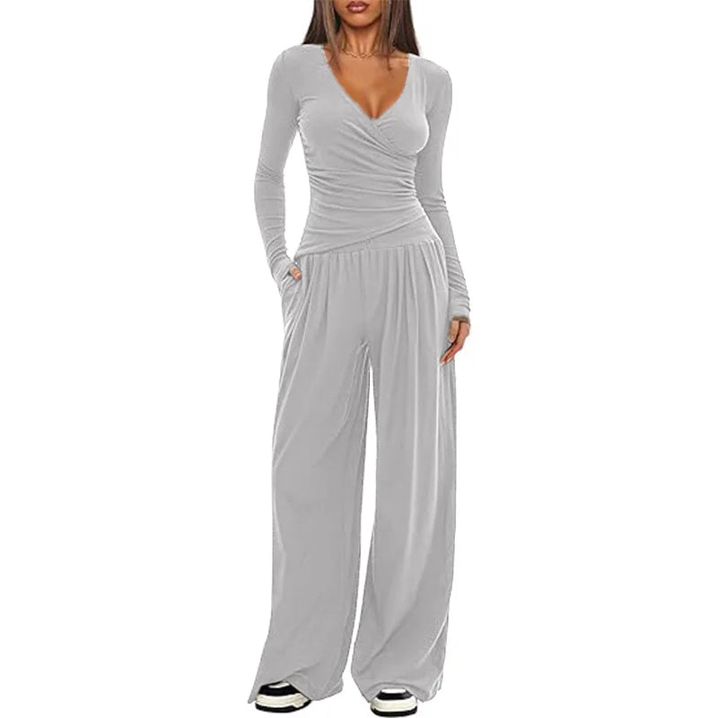 2025 autumn and winter wide leg pants set, women's long sleeved multi occasion sportswear, commuting hot selling item