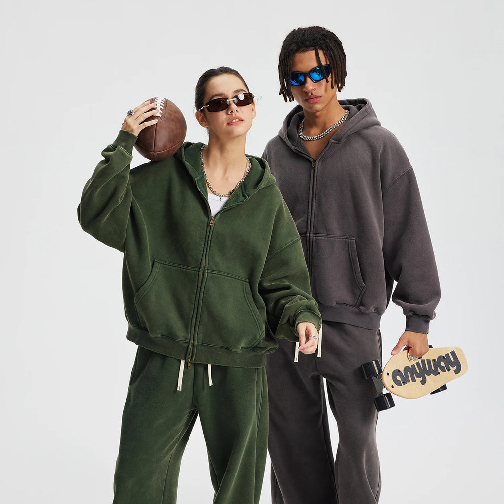 New Autumn and Winter Cashmere Zip Up Jacket Streetwear Casual Oversized Acid Washed Wax Printed Hooded Fleece Zipper Hoodie