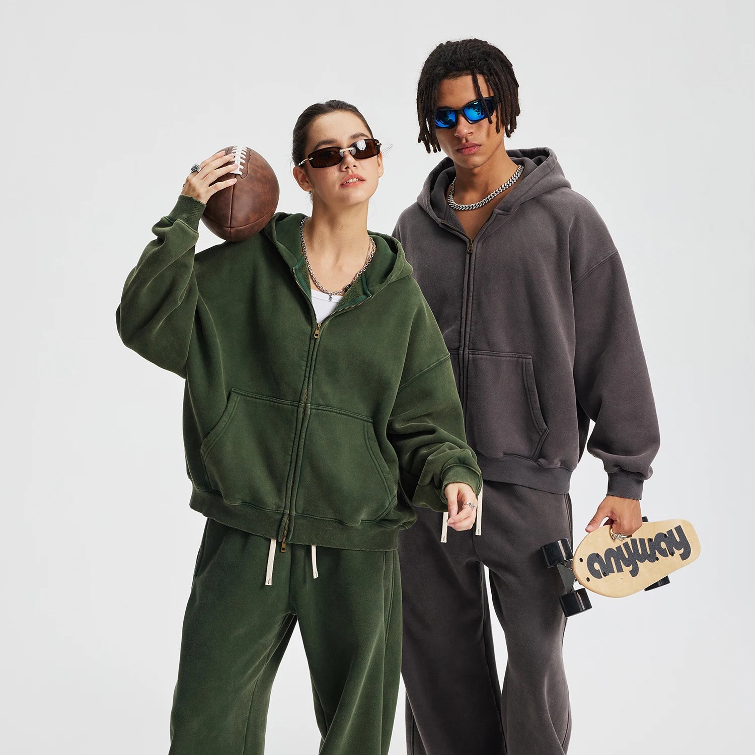 New Autumn and Winter Cashmere Zip Up Jacket Streetwear Casual Oversized Acid Washed Wax Printed Hooded Fleece Zipper Hoodie