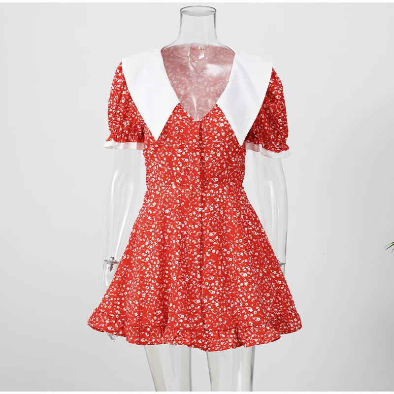 Sexy Floral Printed Mini Dress Women V-neck Flared Sleeve Waist Cinching Ruffle Bodycon Dresses 2026 Lady Party Vacation Gown
