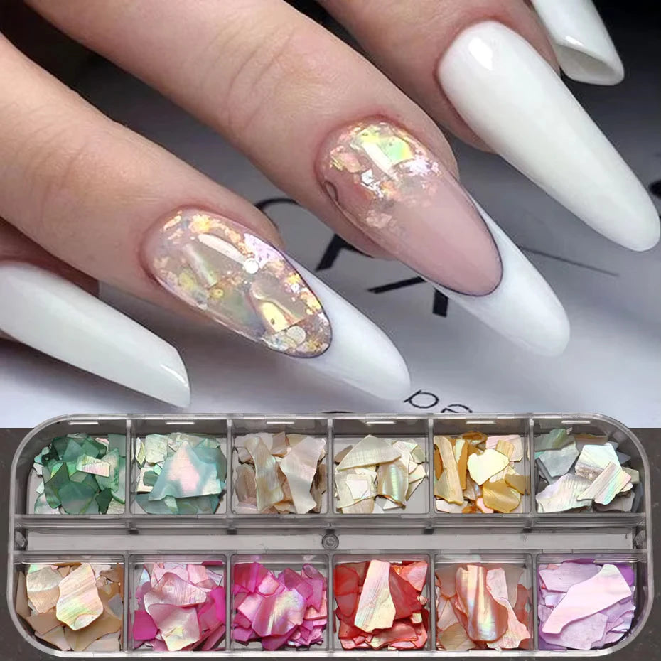 6/12Grid Abalone Sea Shell for Nails Holographic Mirror Nail Art Glitter Flakes Rainbow Mermaid Irregular Sequins Manicure Decor