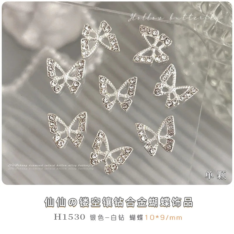 10PCS 3D Mini Crystal Butterfly Nail Art Charms Jewelry Parts Accessories Luxury Alloy Nails Decoration Rhinestones Supplies