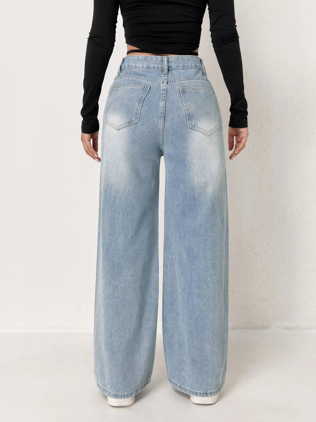 Trendy Wide Leg Distressed Straight Jeans for Women Elastic Casual Bootcut Denim Pants Bestseller Fashionable Ladies Jeans
