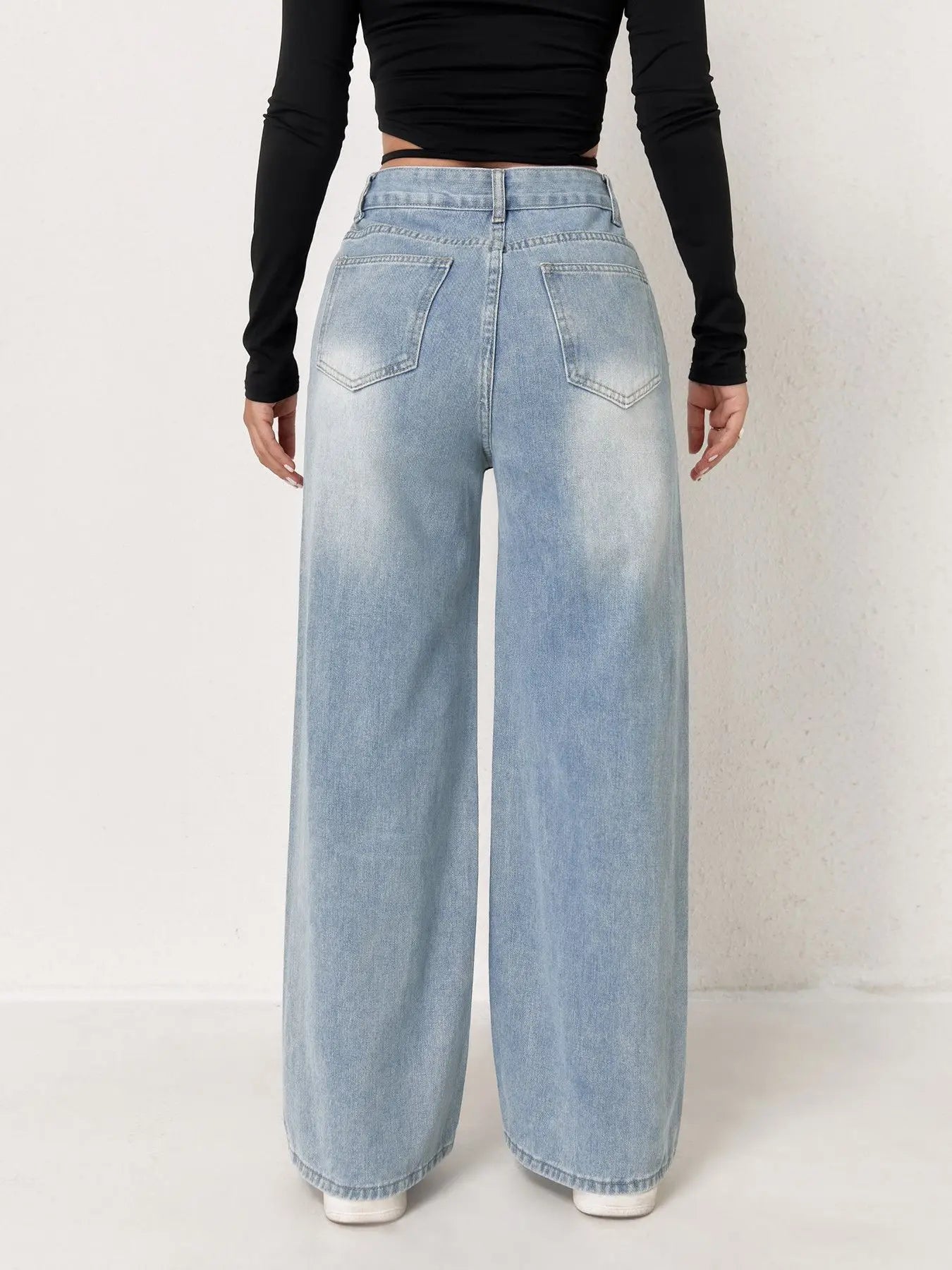Trendy Wide Leg Distressed Straight Jeans for Women Elastic Casual Bootcut Denim Pants Bestseller Fashionable Ladies Jeans