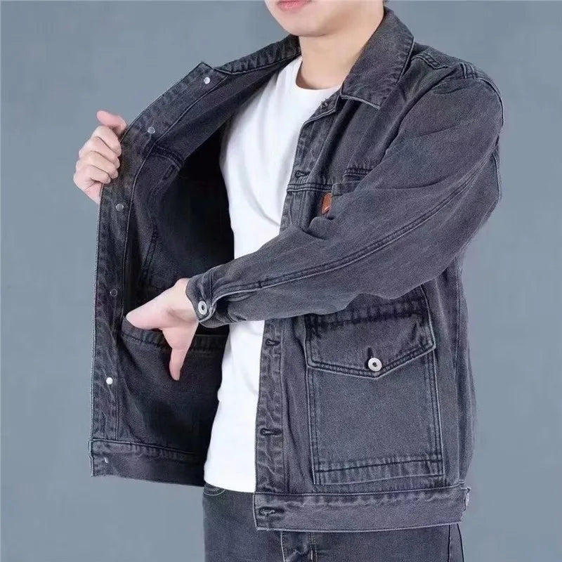 Retro American Denim Jaet Loose Fit with Multiple kets for Men Casual Wear Resistant And Dirtproof for Spring And Autumn