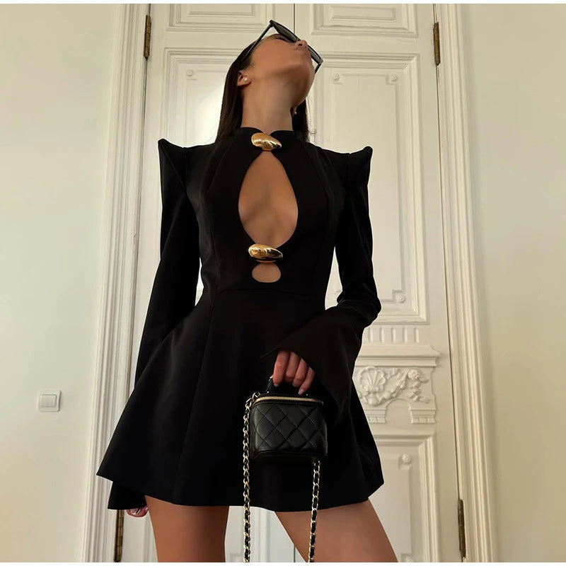 Black Hollow Out Mini A-line Dress Women Sexy Round Neck Full Sleeve Waist Cinching Short Dresses 2025 Lady Chic Party Club Robe