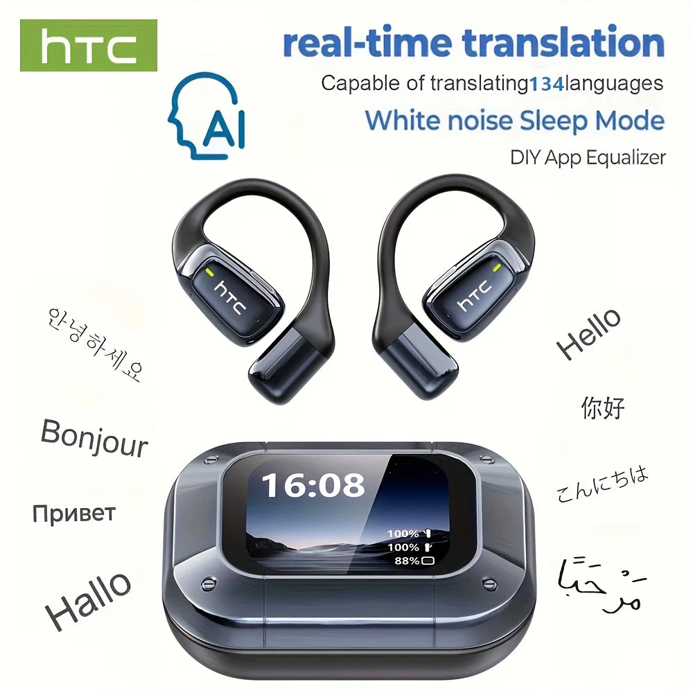 Headphones Bluetooth V6.0 HTC NE25 Ai Translator Wireless Earphones HD LCD Display Low latency Extremely Comfortable for Music