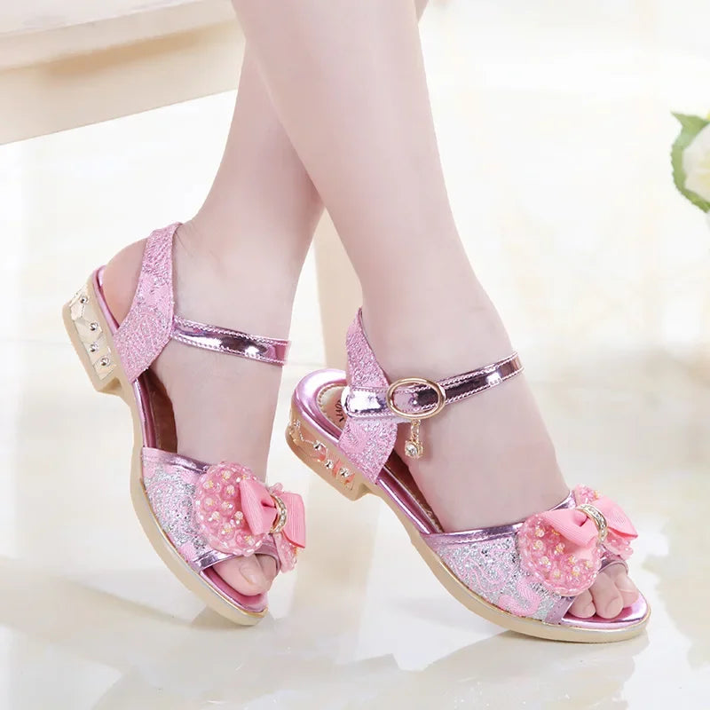 Summer Princess Children's Sandals Girls Sequins Low Heels Non-slip Shoes Fashion Bowknot Kids Beach Sandals Causal Versatile