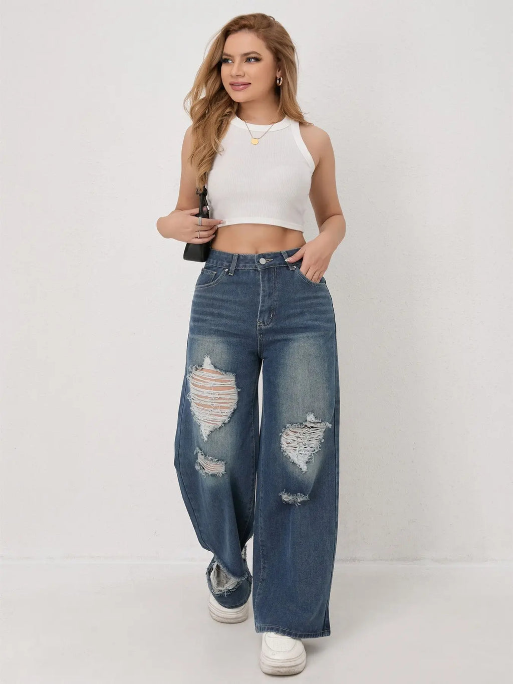 Trendy Wide Leg Distressed Straight Jeans for Women Elastic Casual Bootcut Denim Pants Bestseller Fashionable Ladies Jeans