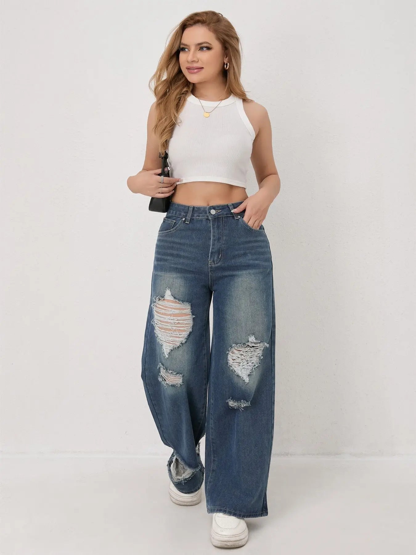 Trendy Wide Leg Distressed Straight Jeans for Women Elastic Casual Bootcut Denim Pants Bestseller Fashionable Ladies Jeans