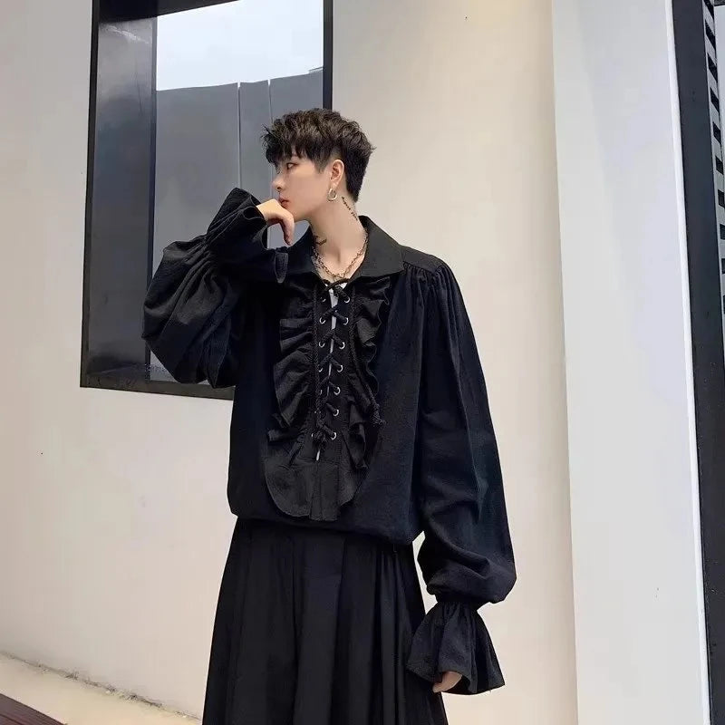 2025 New Women Pirate Shirt Vampire Prince Poet Shirts Medieval Buccaneer Frills Lace Up Renaissance Vintage Gothic Blouse Tops