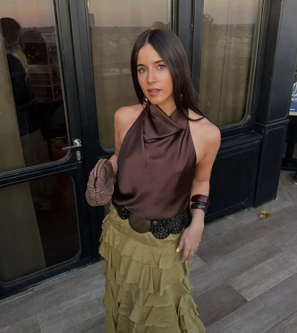 Zevity 2025 Women Chic Solid Color Sleeveless Soft Touch Halter Camis Tank Lady Backless Summer Beach Shirt Blouse Tops LS9365