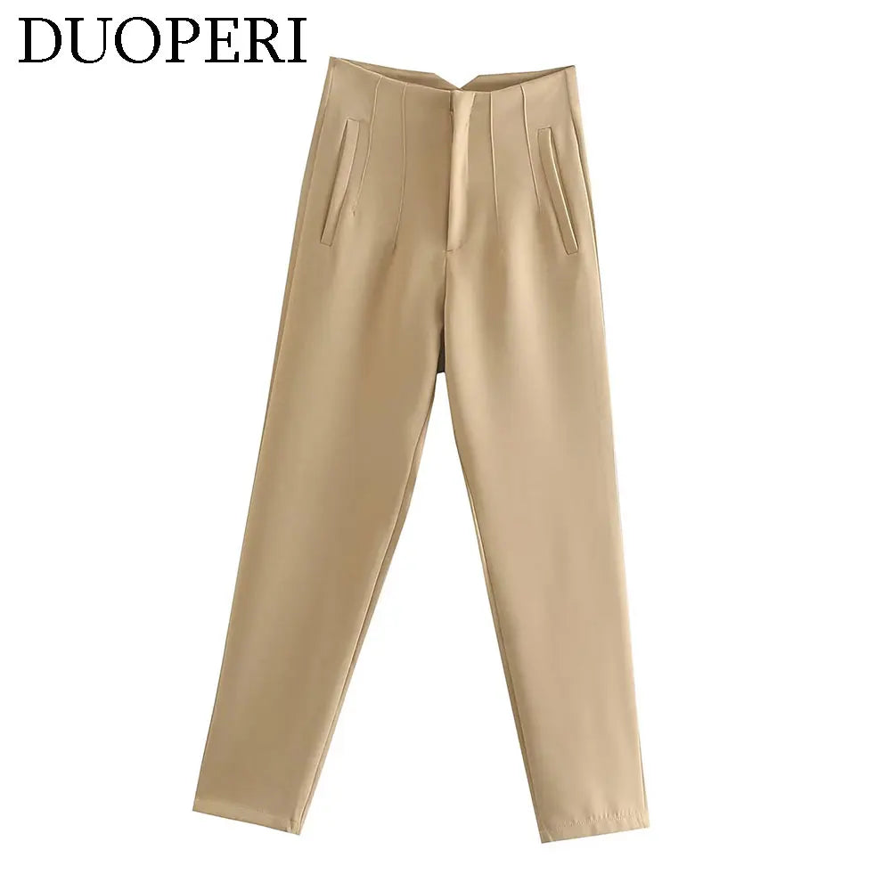 DUOPERI Women Fashion Solid Basic High Waist Trousers Chic Female Office Lady Casual Business Workwear Long Pant