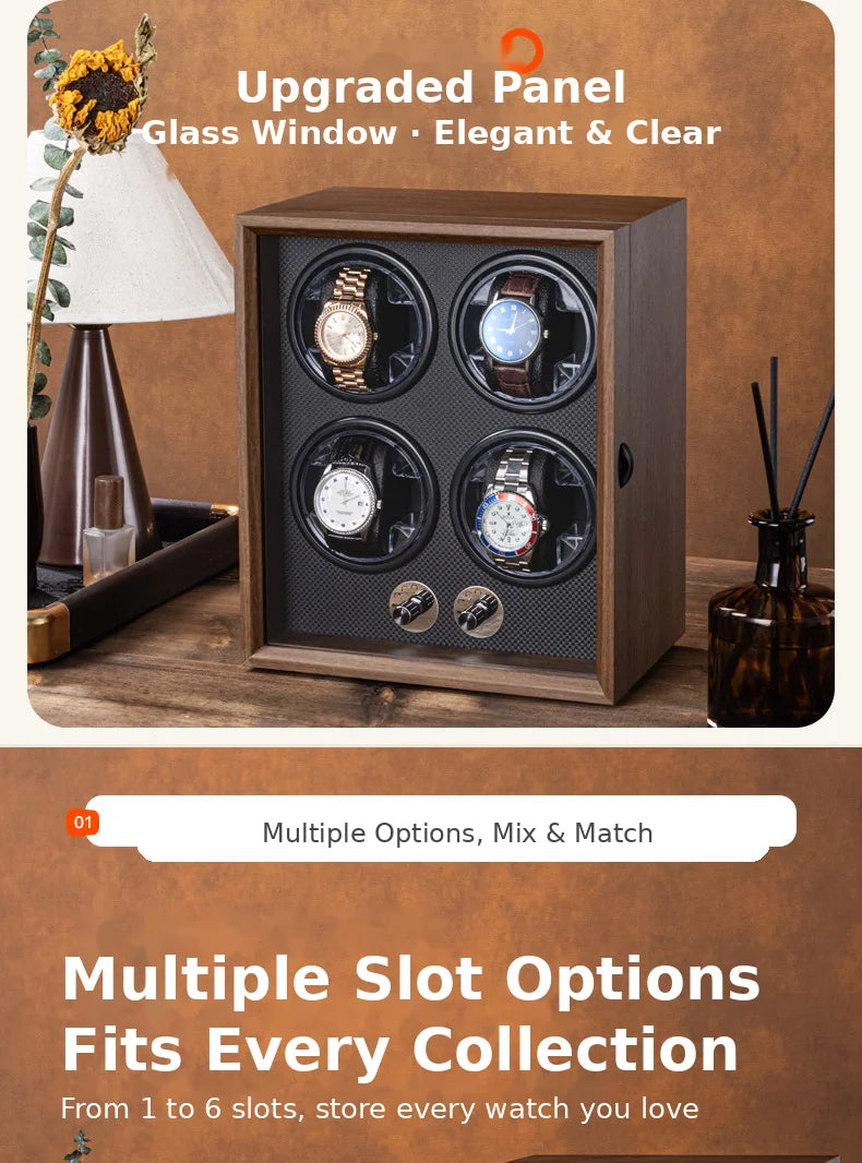 Watch Winders for Automatic Watches witn Light 1slots/2slots/4slots/6slots Watches Rotate Stand 5V-9V,1A-2A USB Cable Connection