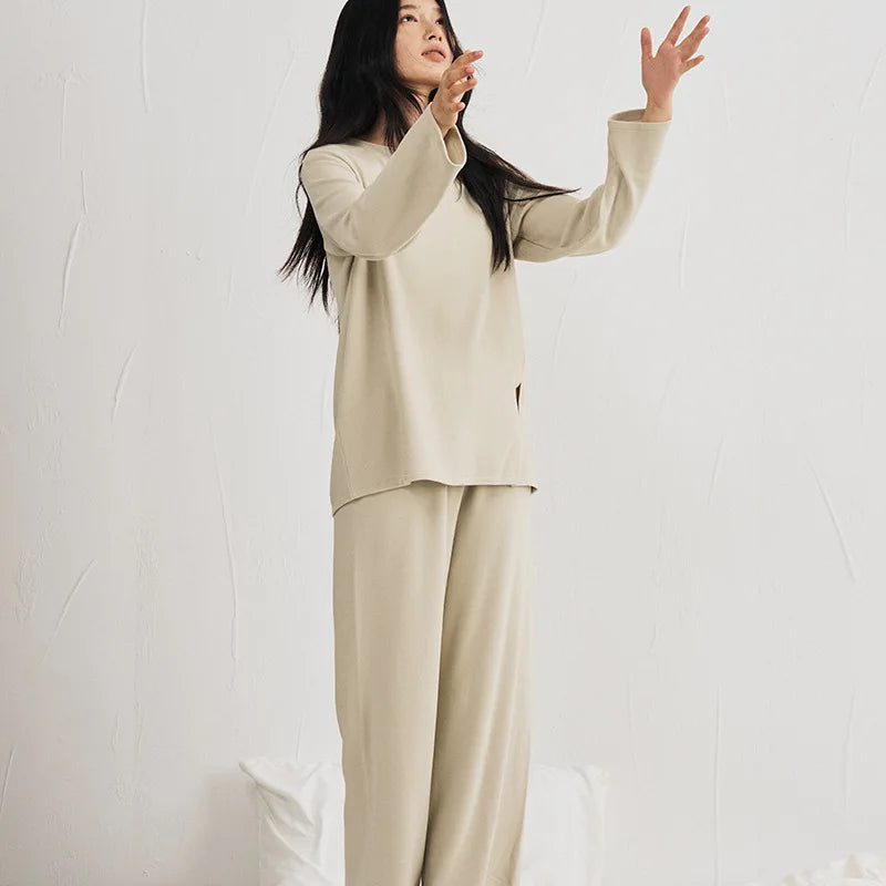 Autumn Winter Women Double-sided Brushed Pajamas T Shirt Pant Two Piece Set for home