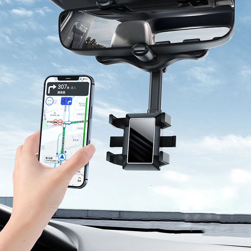 360° Car Rearview Mirror Phone Holder Mount Phone and GPS Holder Universal Rotating Adjustable Telescopic Phone Stand Support