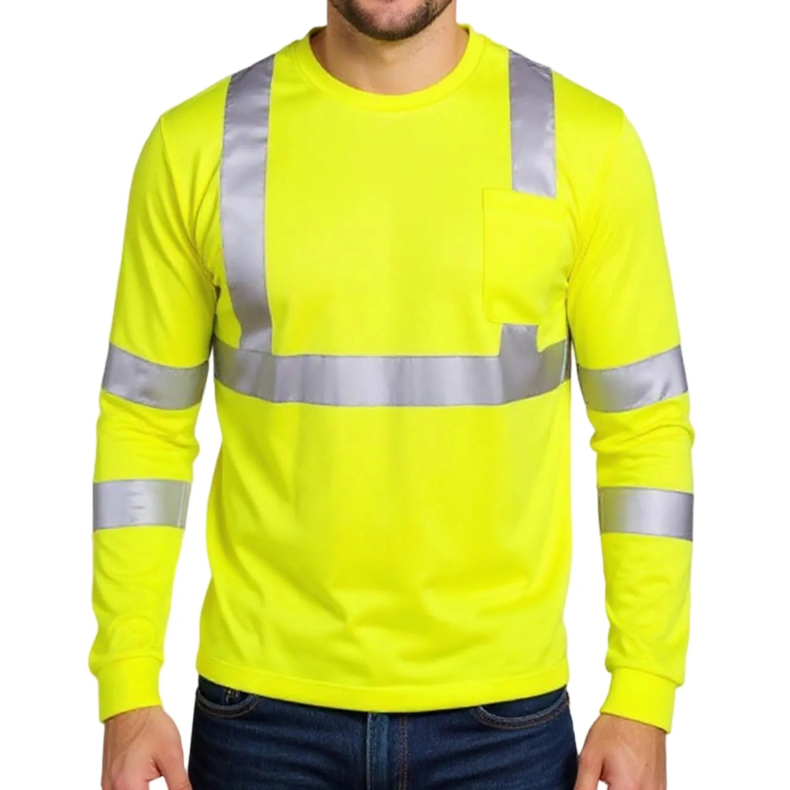 High Visibility Long Sleeve Round Neck T-shirt Reflective Workwear For Engineering Wharf Moisture Wicking Casual Men Top