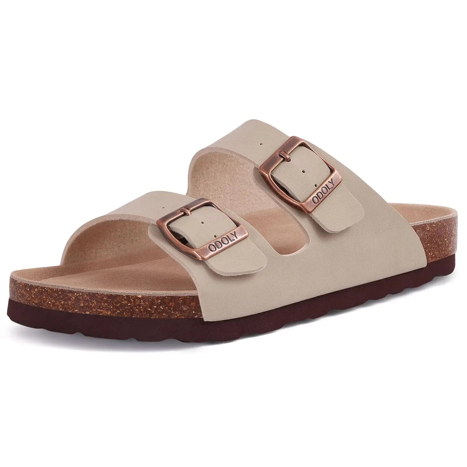 Litfun Women's Cork Footbed Sandals Classic Flat Sandals Fashion Thick Bottom Double Buckle Slides Beach Sandals With Adjustable