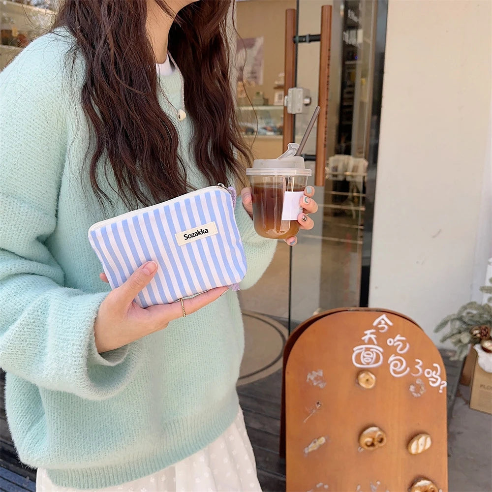 Small Cosmetic Make Up Bag Mini Canvas Striped Organizer Bags for Women Lipstick Makeup Case Children Cute Purse Coin Pouch Case