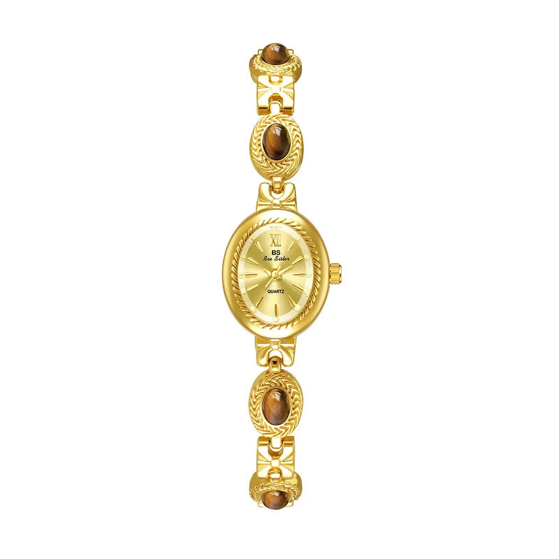 Women's Watch Natural Jade Bracelet Vintage Small Oval Dial Gold Retro Watches Luxury Brand Women Quartz Wristwatches Clock Gift