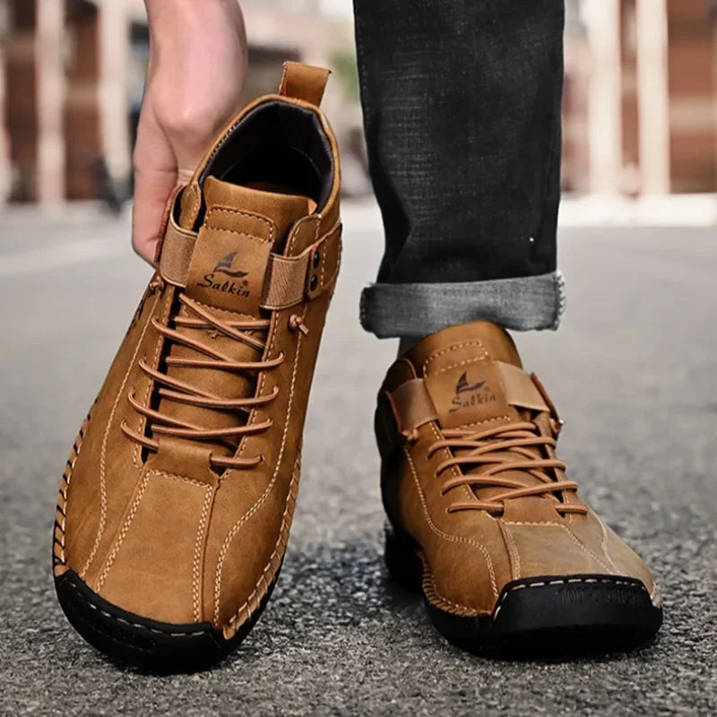 Winter New Men's Low-top Ankle Boots High Quality Hand-stitched Hook&loop Leather Casual Sneakers Classic Man Shoes Plus Size 48