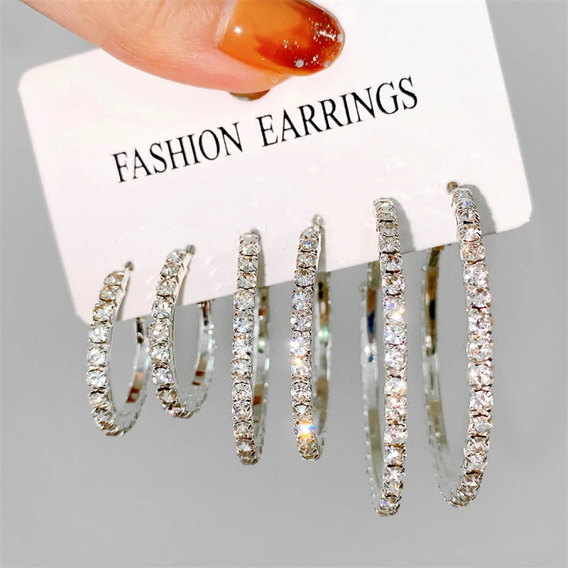 3 Pairs Full Shiny Rhinestone Hoop Earrings For Women Gold Color Sparkling Exaggerated Circle Earring Simple Luxury Jewelry Gift