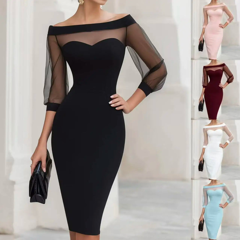 Off The Shoulder Sweetheart Neck Sheer Mesh Long Sleeve Bodycon Midi Dress For Women