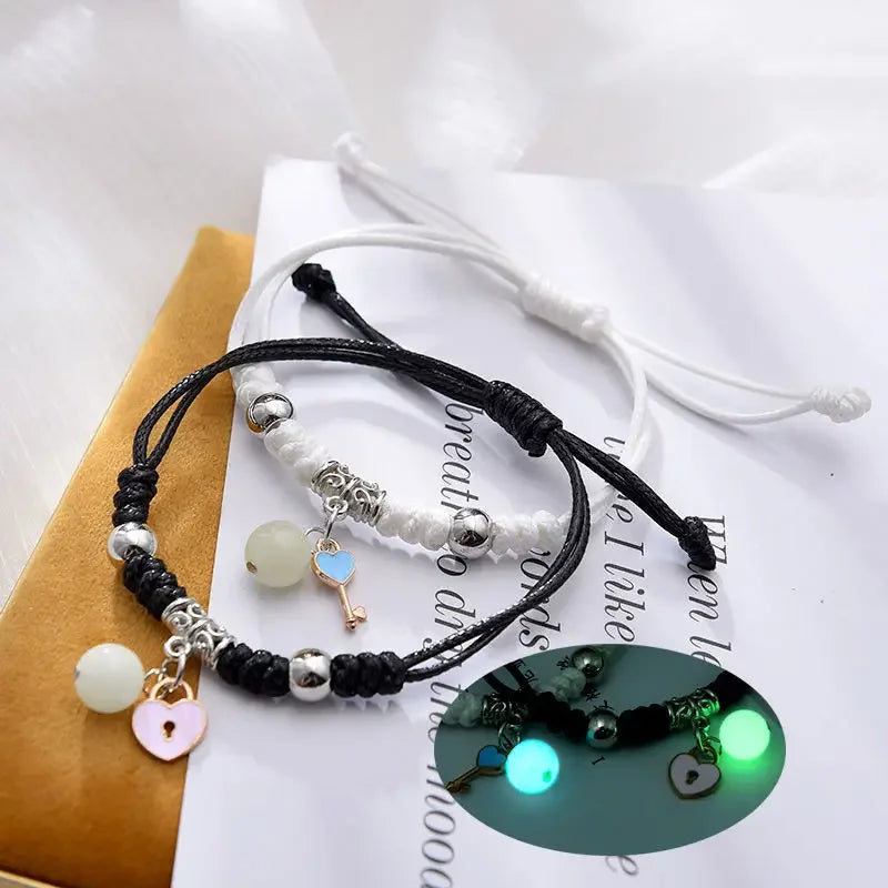 Fashion Luminous Beads Star Couple Bracelet for Women Men Charm Cat Flower Heart Key Lock Cross Matching Friend Bracelet Jewelry