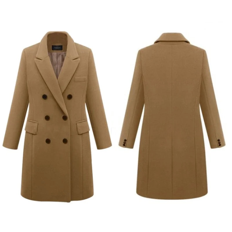 Officewear Casual Women Jackets Fashion Ladies Wool Loose Outwear Elegant Lapel Solid Double-breasted Coats For Autumn Winter