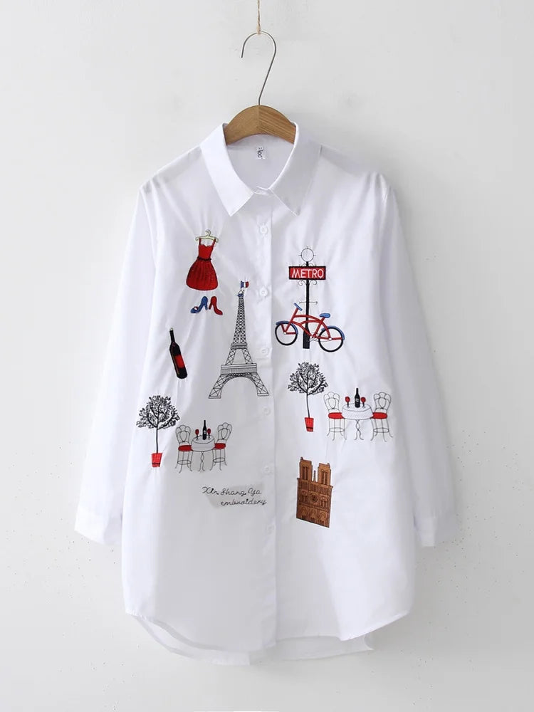 Fashion loose women's cotton embroidered shirt spring and autumn long top 5083