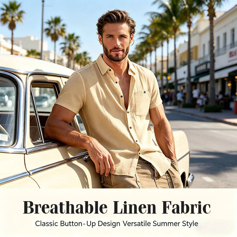 Men's Linen Blend Short Sleeve Button Down Shirt Casual Beach Tops with Chest Pocket Breathable Lightweight Summer Shirts forMen