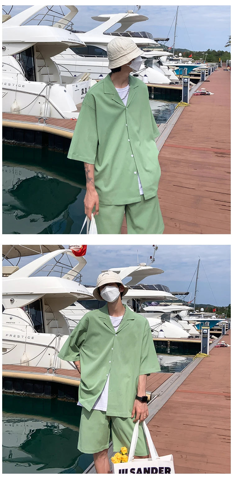 Summer Two-Piece Men's Sets Shirt and Shorts Casual Outfits Oversized Short Suit Plain Clothes Clean Fit Black White Green