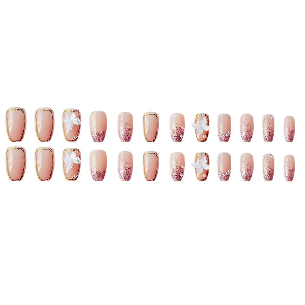 24Pcs Glossy Short Ballerina Press On Nails Pink Glitter Style False Nails With Rhinestone Shiny Artificial Reusable Fake Nails
