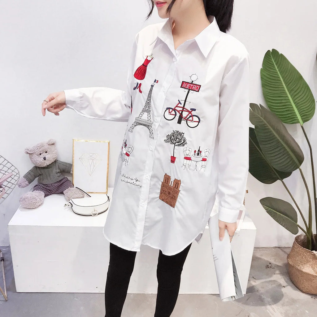 Fashion loose women's cotton embroidered shirt spring and autumn long top 5083