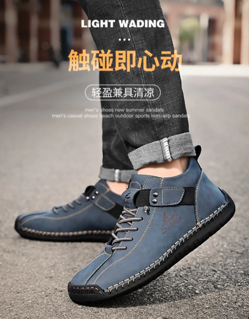 Winter New Men's Low-top Ankle Boots High Quality Hand-stitched Hook&loop Leather Casual Sneakers Classic Man Shoes Plus Size 48