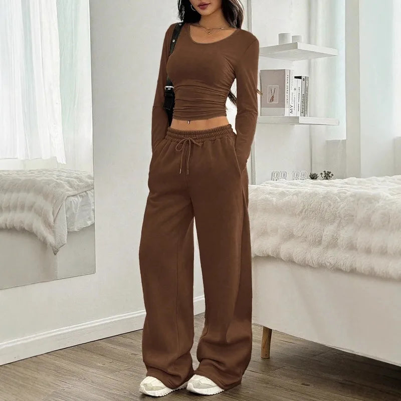 Women's Fashion Casual Wide Leg Pants Long Sleeve Crew Neck Solid Color Slim Two-piece Autumn and Winter Suit