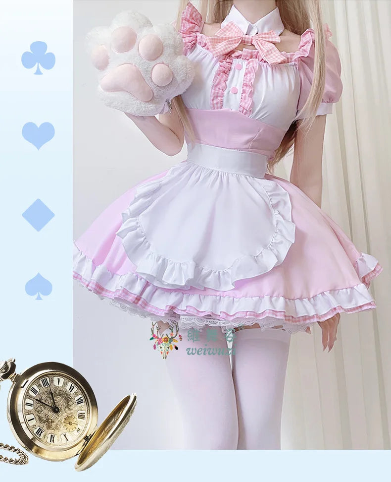 Japanese Sweet Cute Lolita Dress Maid Cosplay Costume Pink Bow Maid Dress Girl Fashion Stage Perfermance Fancy Costume Catwomen