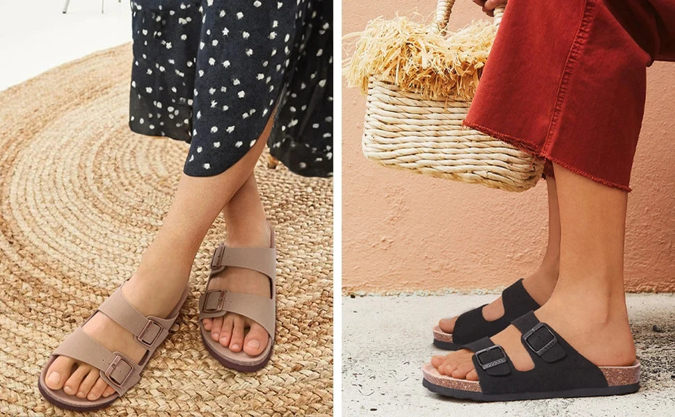 Litfun Women's Cork Footbed Sandals Classic Flat Sandals Fashion Thick Bottom Double Buckle Slides Beach Sandals With Adjustable